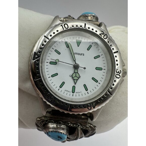 Vintage Mens Watch with Navajo Made Sterling Silver Turquoise Coral Watch Tips - Picture 5 of 11